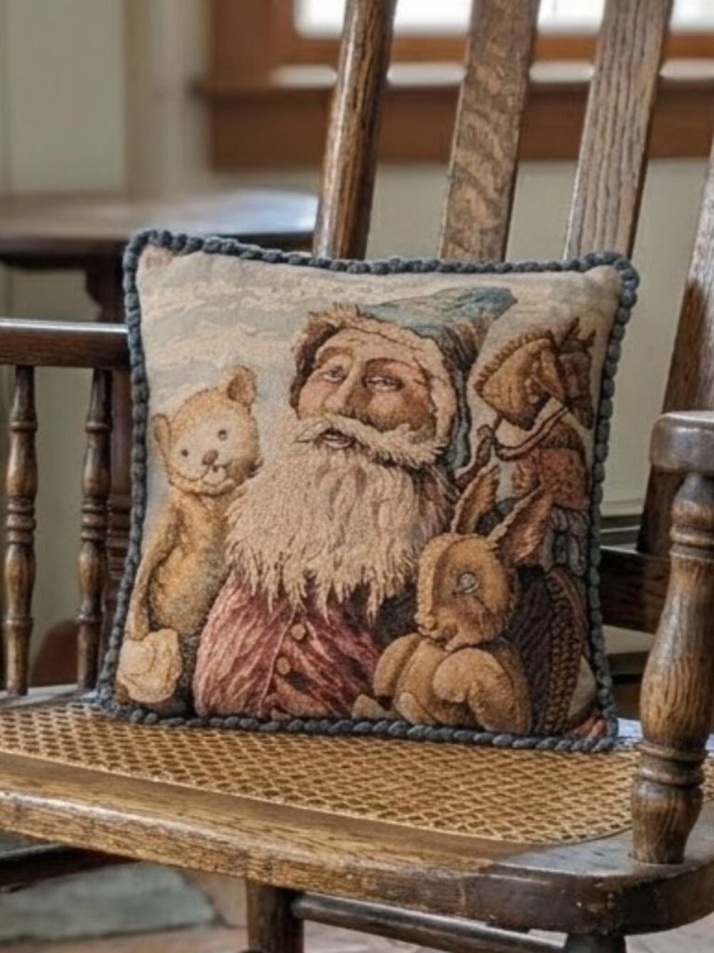 Vintage Tapestry Throw Pillow Santa Claus Old World Christmas Decor Folk Art Vtg
